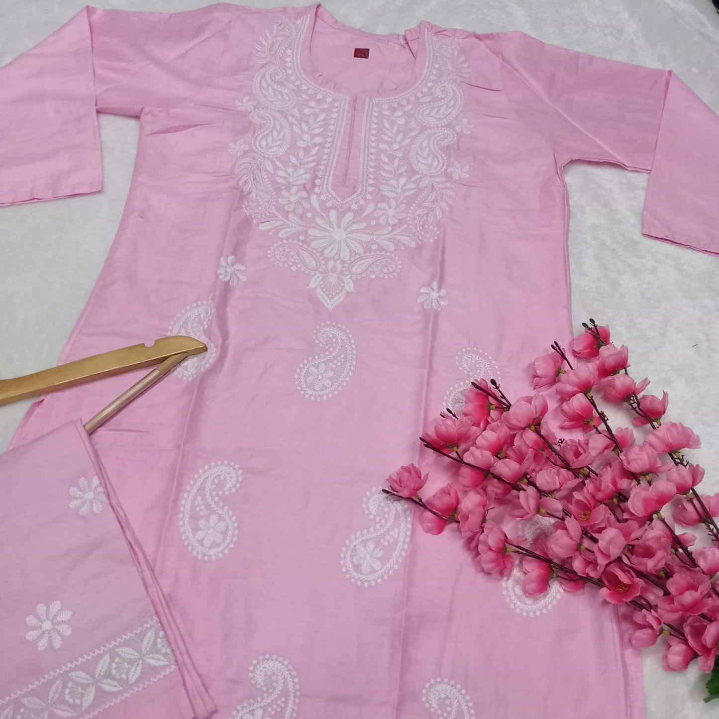 Rayon Chikankari Machine Work Kurti Plazo Set- Baby Pink Colour - Chikankaar