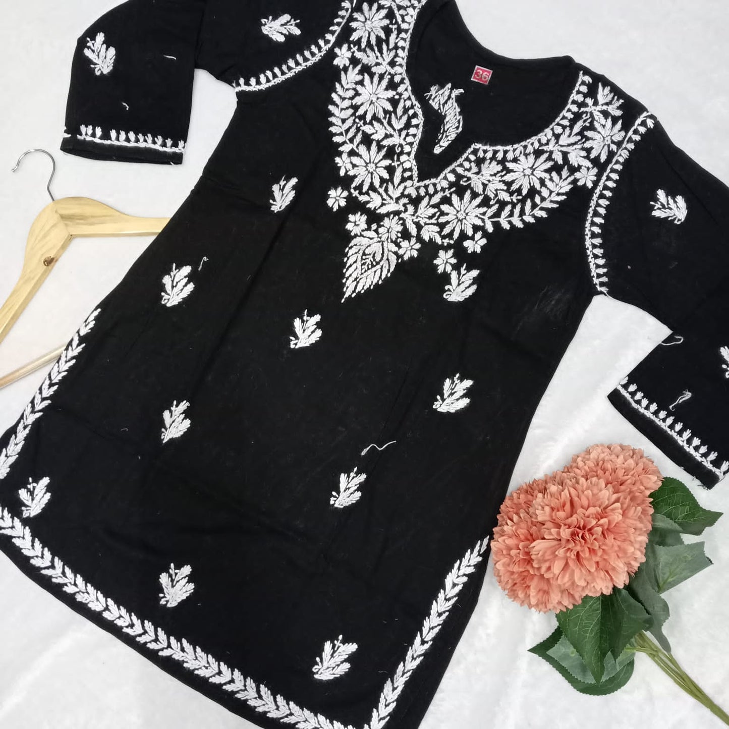 COTTON CHIKANKARI HANDWORK SHORT KURTI -BLACK COLOUR - Chikankaar