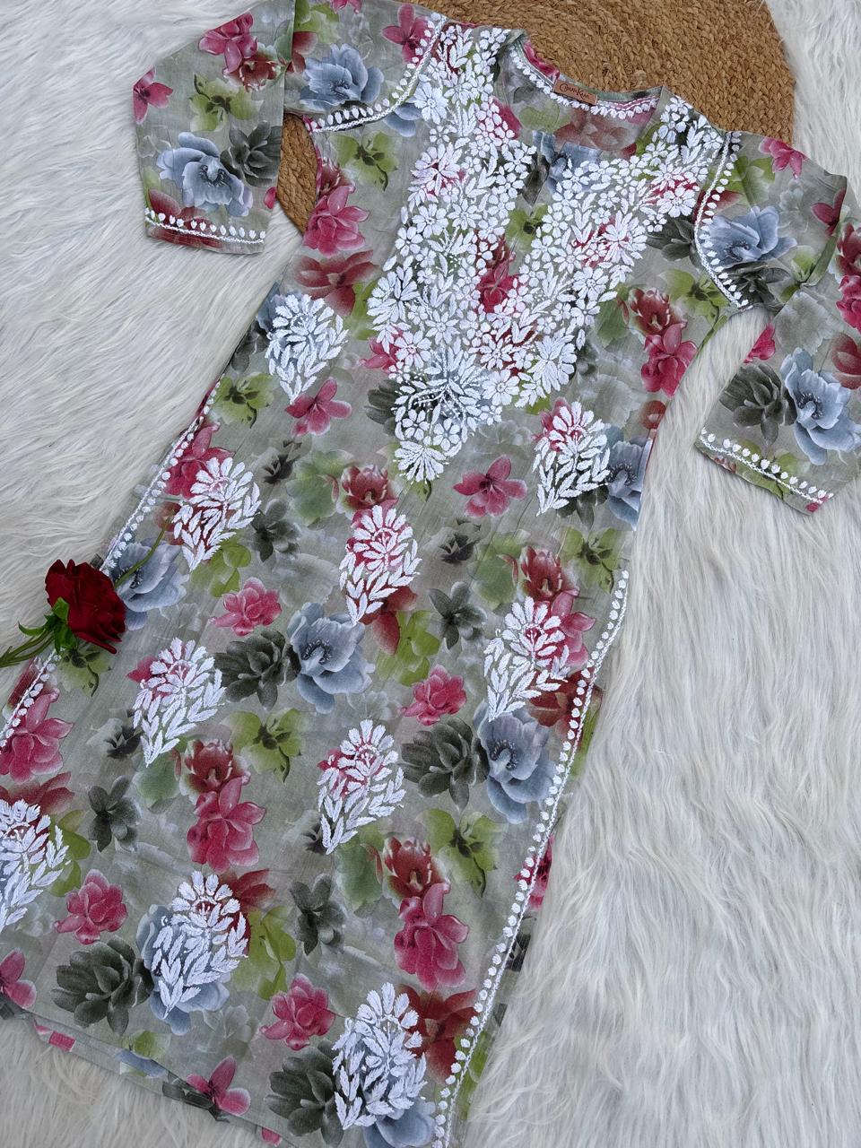 Najma Pure Mulmul Chikankari Handwork Kurti - Parrot Green Colour