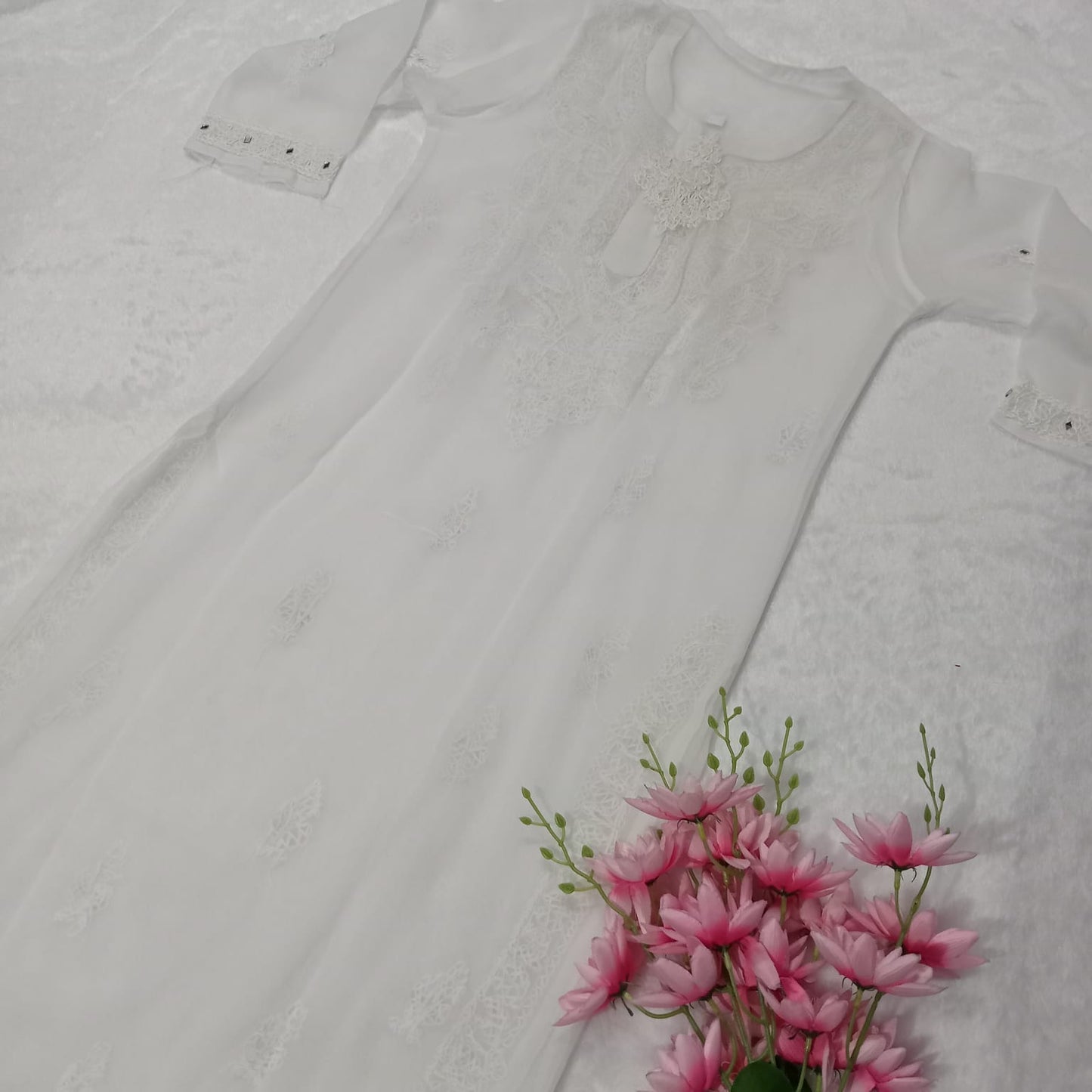 GEORGETTE MIRROR WORK CHIKANKARI KURTI WITH INNER- WHITE COLOUR - Chikankaar