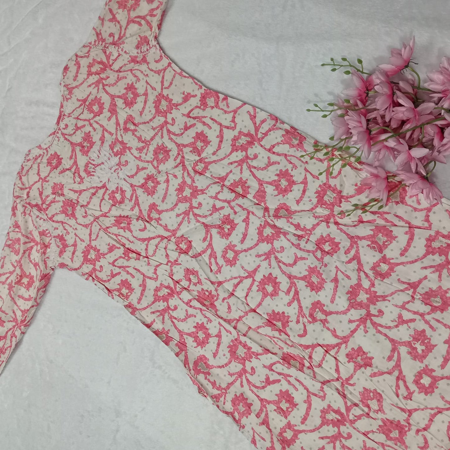 Modal Slub Chikankari Lotus Work Kurti - Gazri Colour - Chikankaar