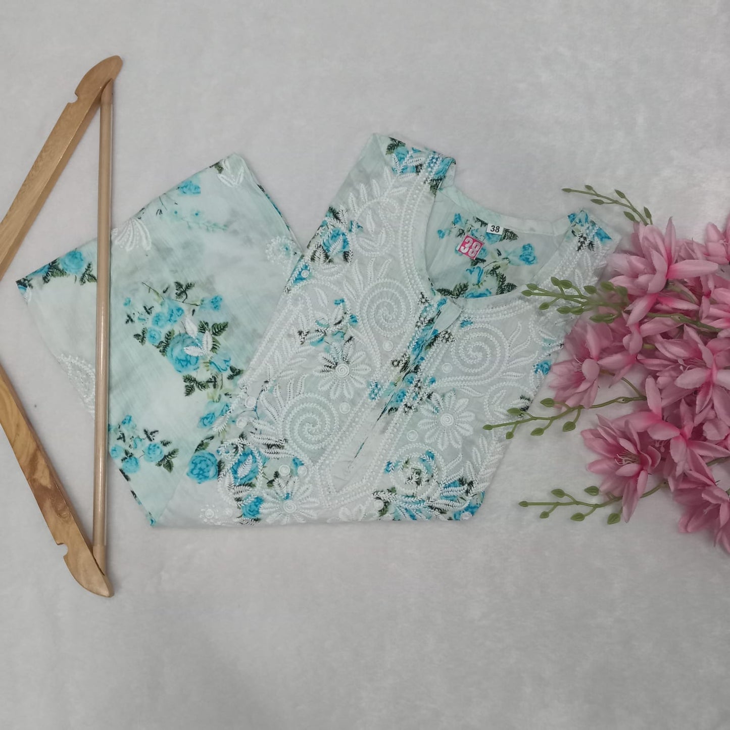 Mulmul Cotton Chikankari Machine Work Kurti -Sky Blue Colour - Chikankaar