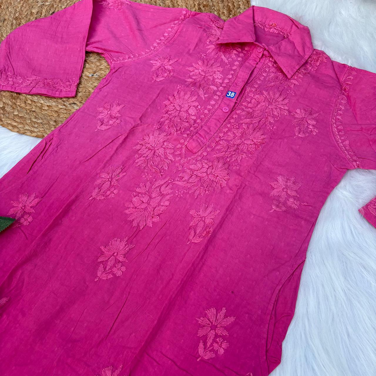 Sadia Dobby Cotton Ombre Shaded Chikankari Kurti with Collar - Pink Colour