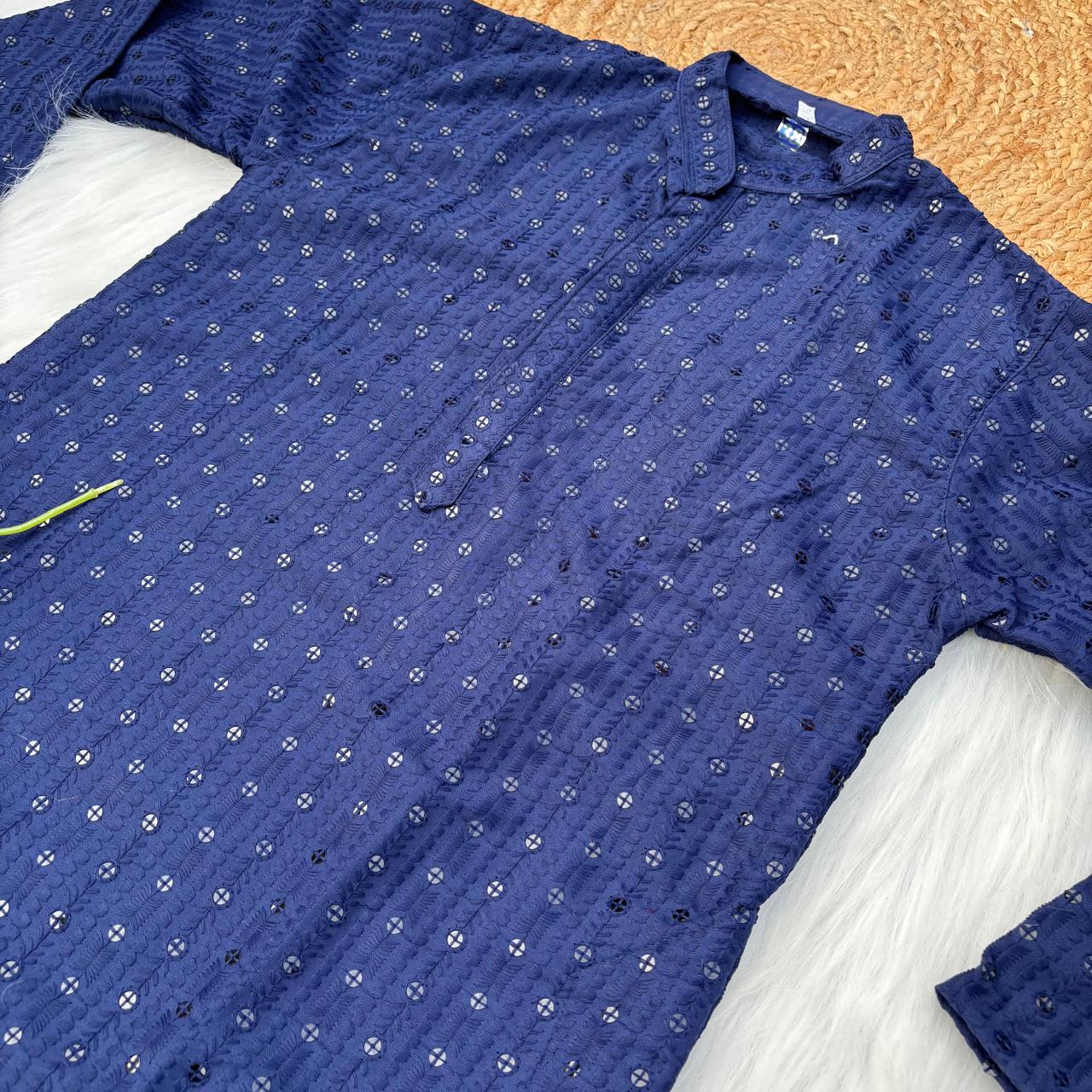 Ayaan Mens Cotton Chikankari Kurta - Blue colour