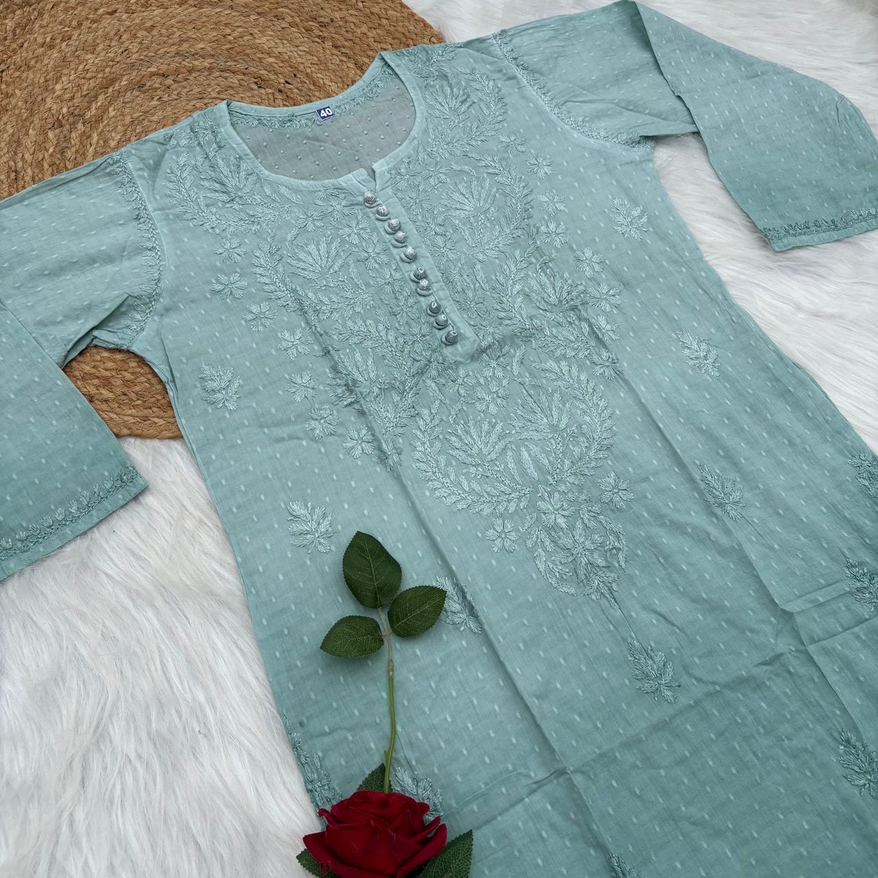 Farah Ombre Shaded Dobby Cotton Chikankari Kurti - Pista green colour