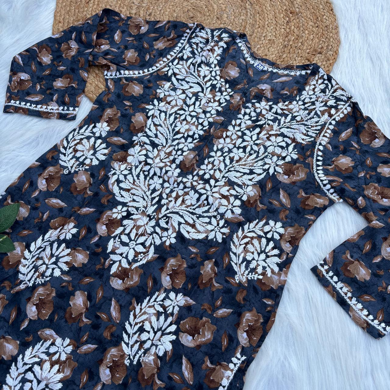 Sana Pure Mulmul Chikankari Handwork Kurti - Dark Blue Colour