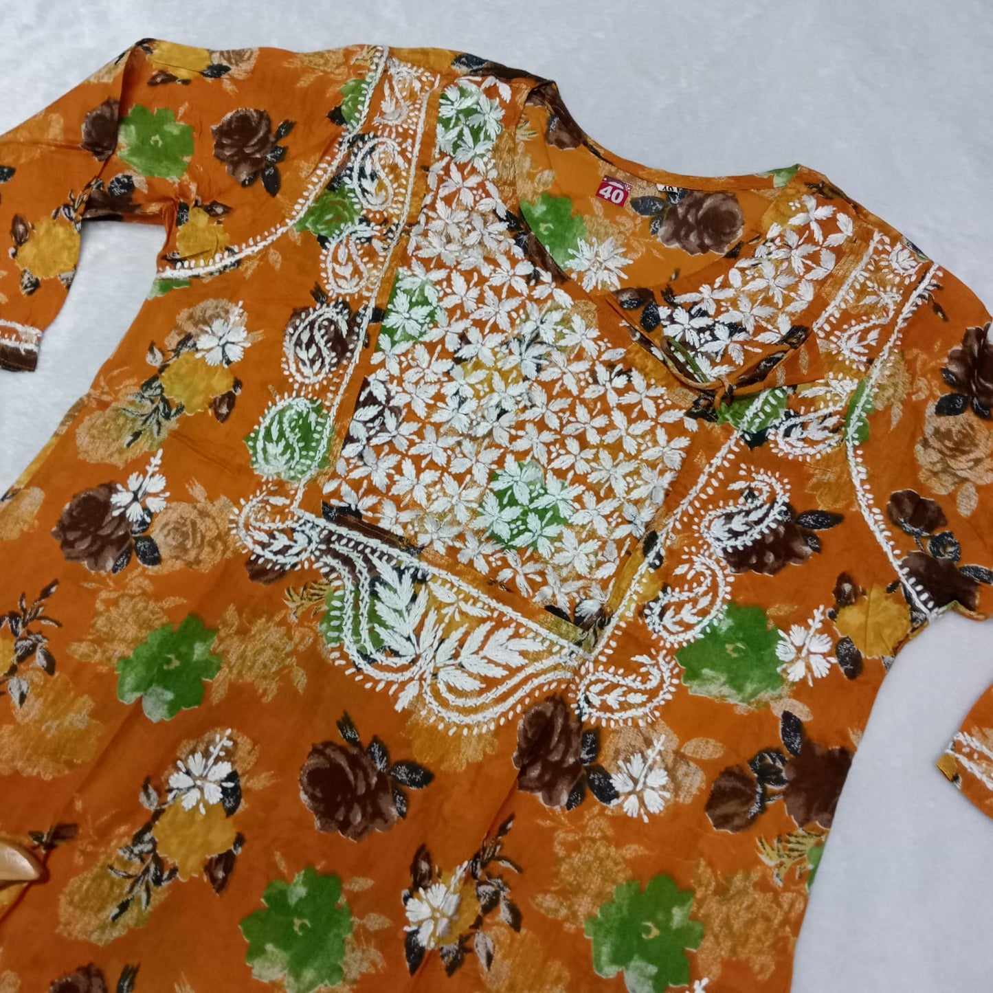 Masooma Mulmul Floral Printed Chikankari Handwork Kurti - Yellow Colour - Chikankaar