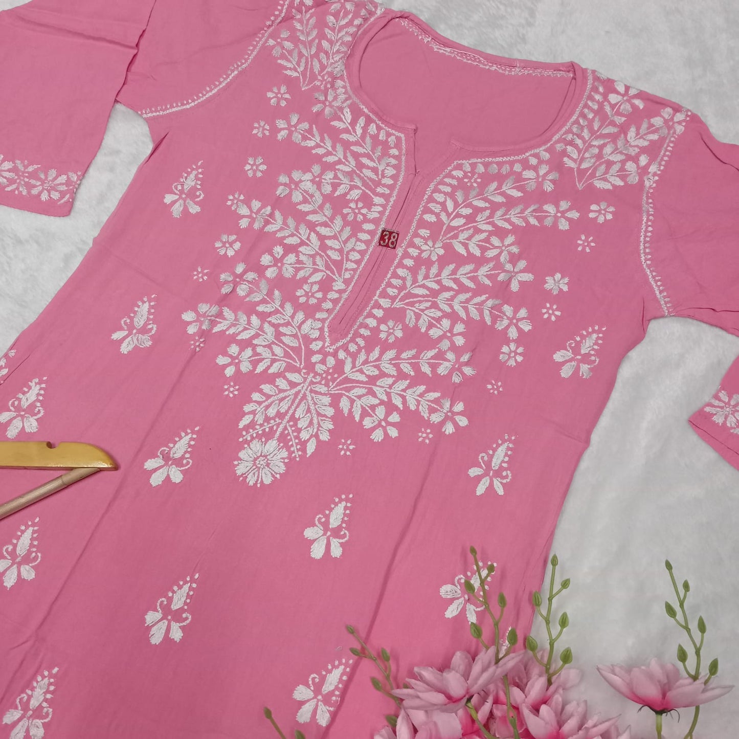 Soft Rayon Chikankari Ghaspatti Work Kurti Pink -Colour - Chikankaar