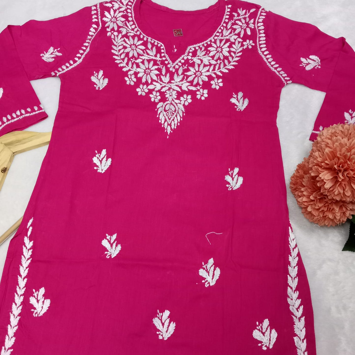 COTTON CHIKANKARI HANDWORK SHORT KURTI -RANI COLOUR - Chikankaar