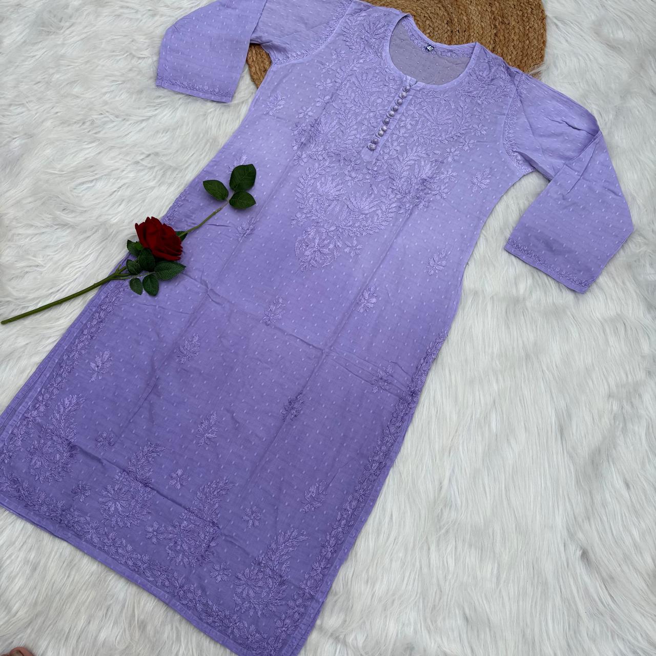 Farah Ombre Shaded Dobby Cotton Chikankari Kurti - Purple colour
