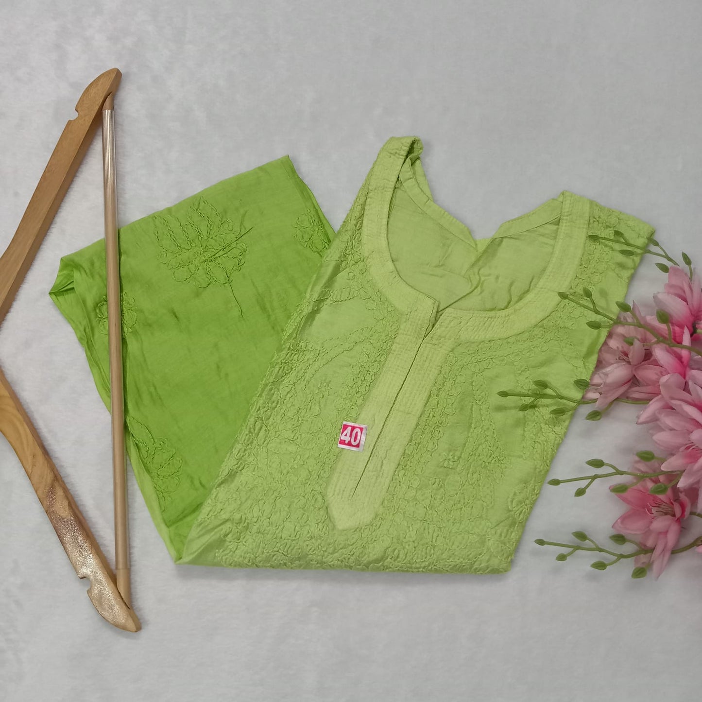 Soft Chanderi Dual Shaded Chikankari Kurti -Green Color - Chikankaar