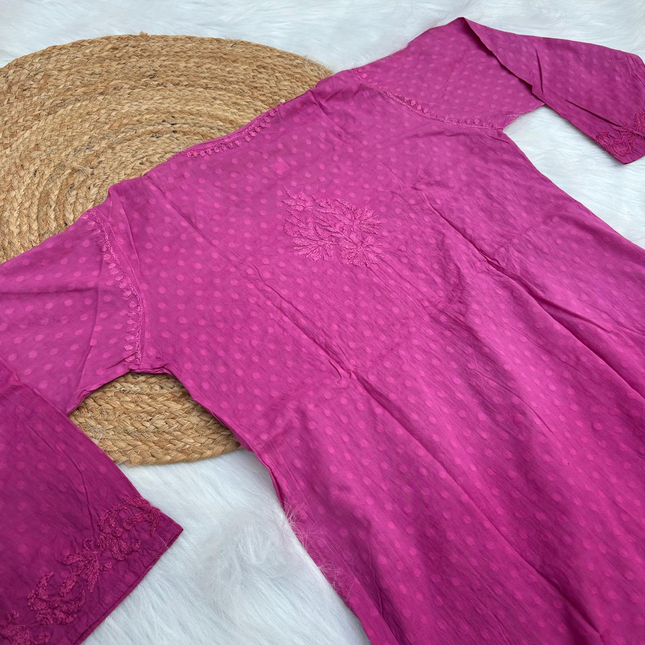 Aliya Dobby Cotton Nyra Cut Chikankari Aline Kurti - Fucshia Colour - Chikankaar