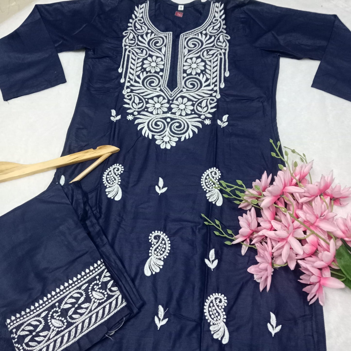 Rayon Chikankari Machine Work Kurti Plazo Set- Dark Navy Blue Colour - Chikankaar