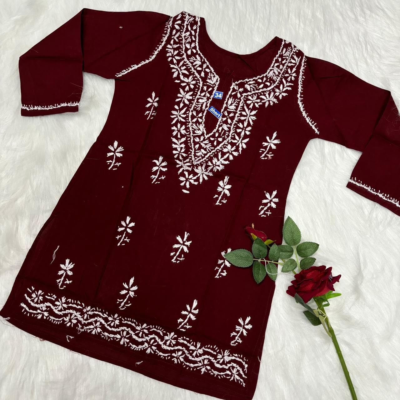 Ziya Pure Cotton Chikankari Short Top- Maroon Colour - Chikankaar