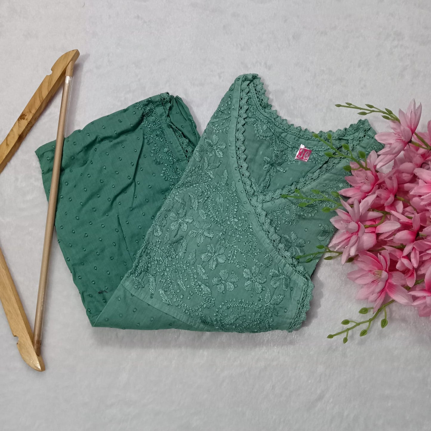 Ombre Shaded Dobby Cotton Chikankari Angarakha -Dark Green Colour - Chikankaar