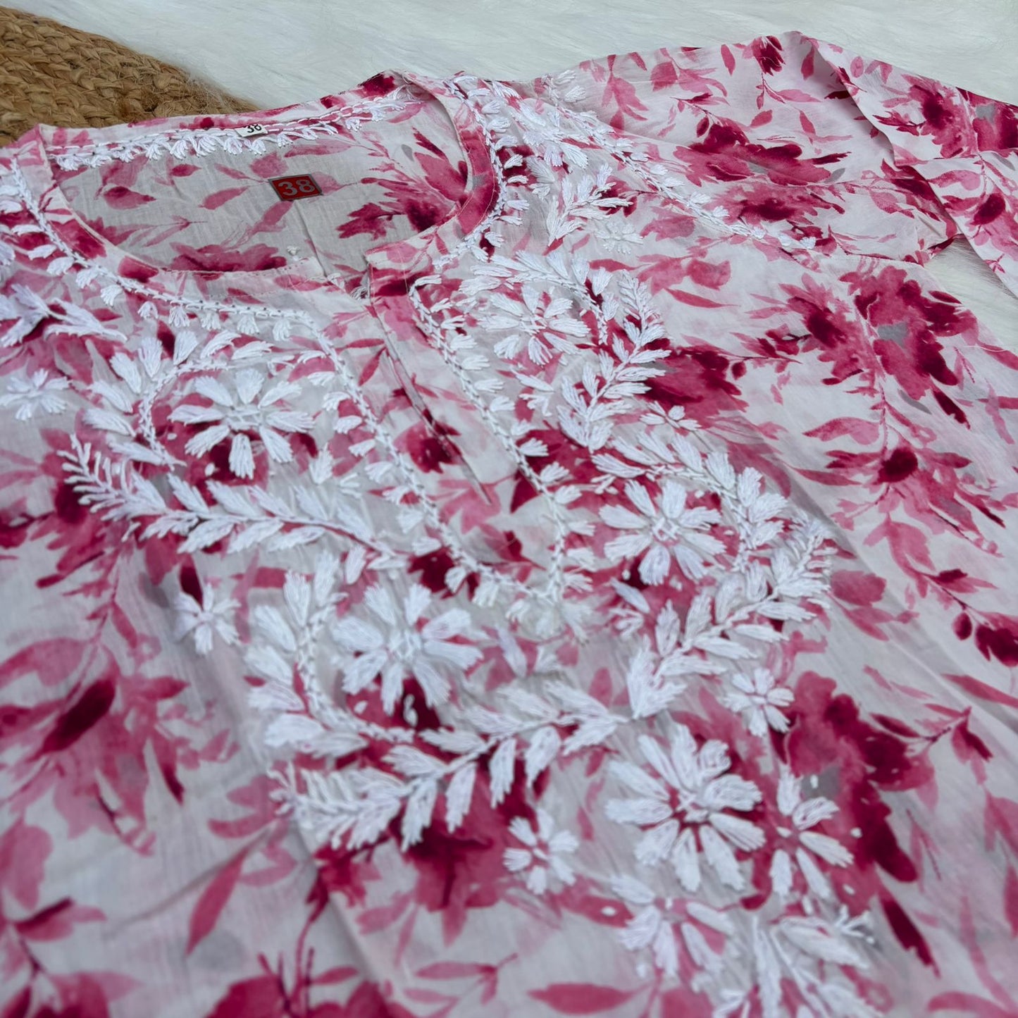 Asma Pure Mulmul Cotton Short Kurti - Pink Colour - Chikankaar