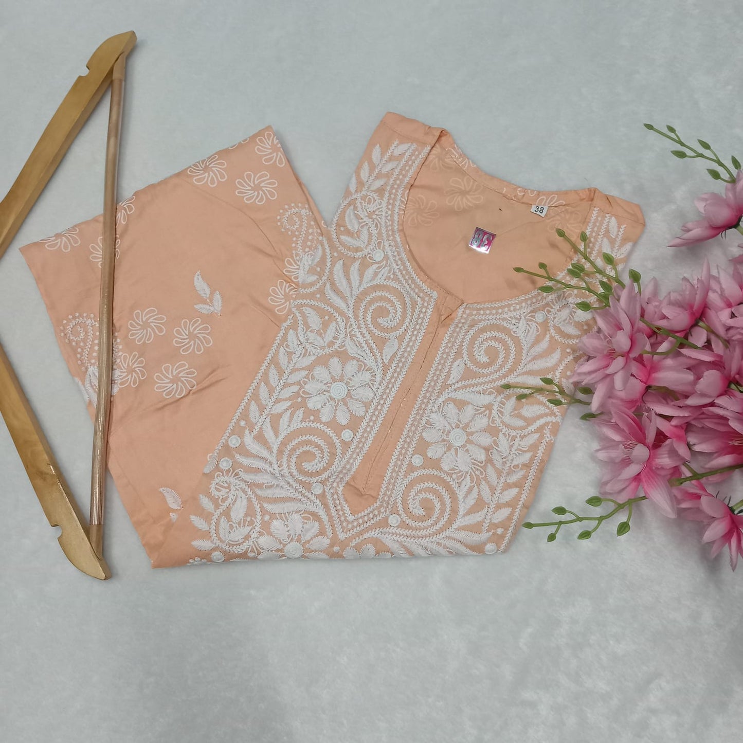 Rayon Chikankari Machine Work Kurti-Peach Colour - Chikankaar