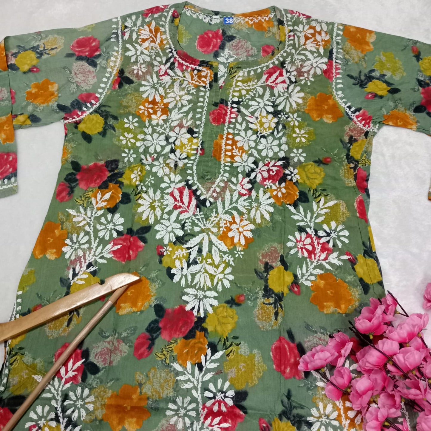 Dhanashree Inspired Mulmul Floral Printed Chikankari Handwork Kurti -Dark Green Colour - Chikankaar
