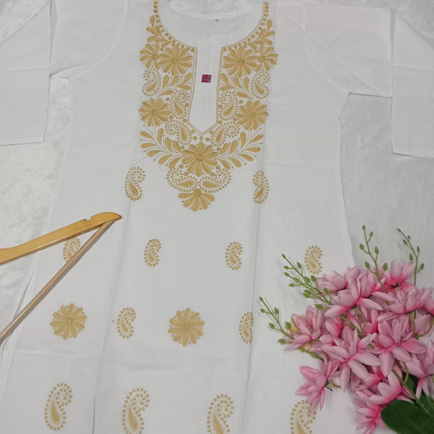 Pure Cotton Chikankari Machine Work Kurti - White Yellow Colour - Chikankaar