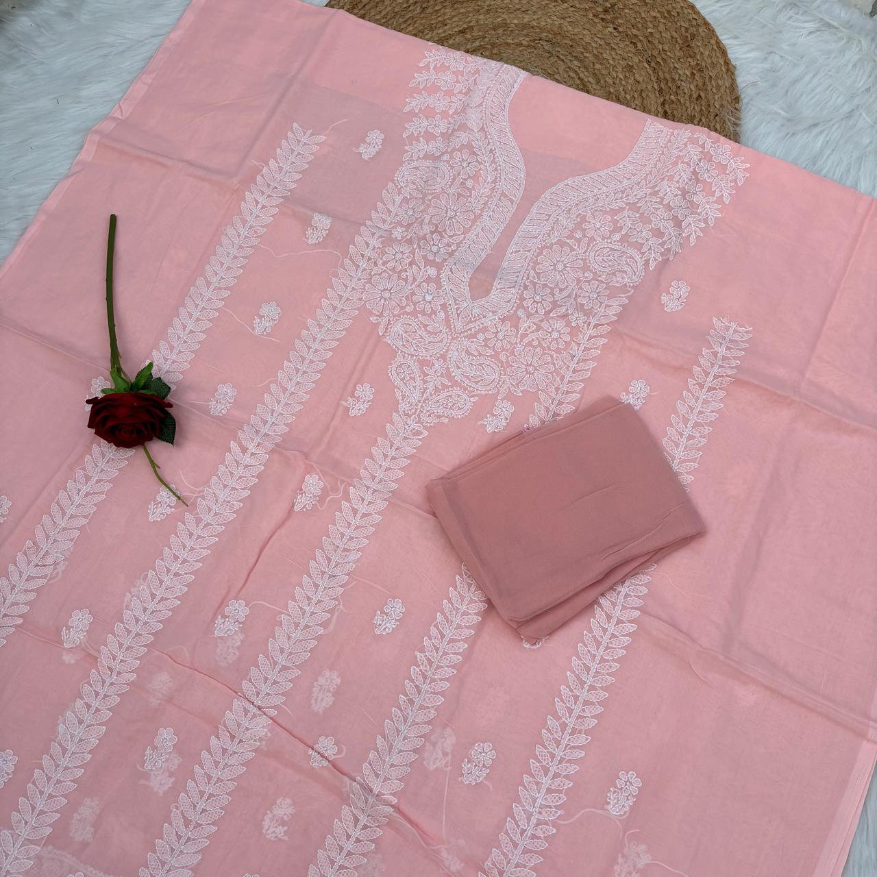 Madhuri Voile Cotton Chikankari Unstitched 3 pc set - Skin Colour