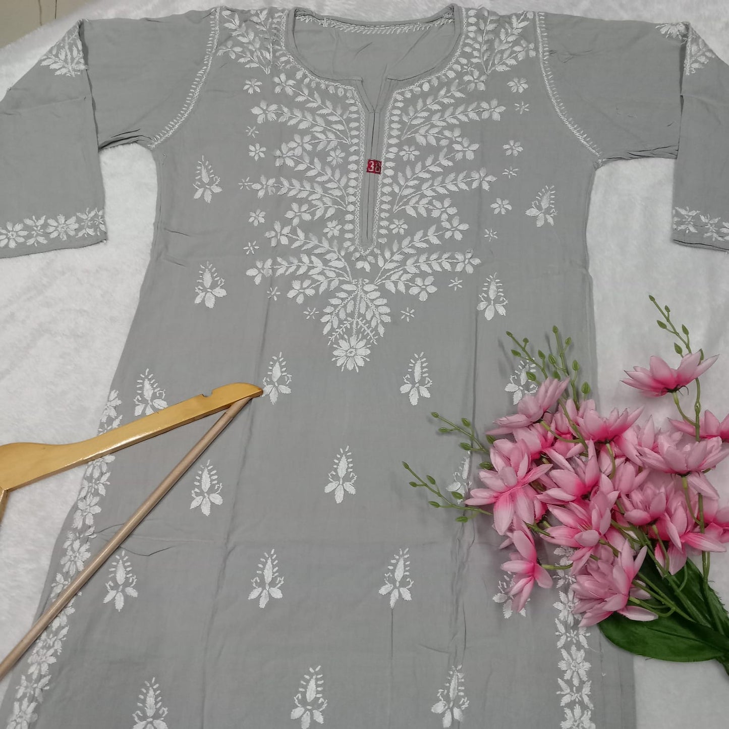 Soft Rayon Chikankari Ghaspatti Work Kurti Grey -Colour - Chikankaar