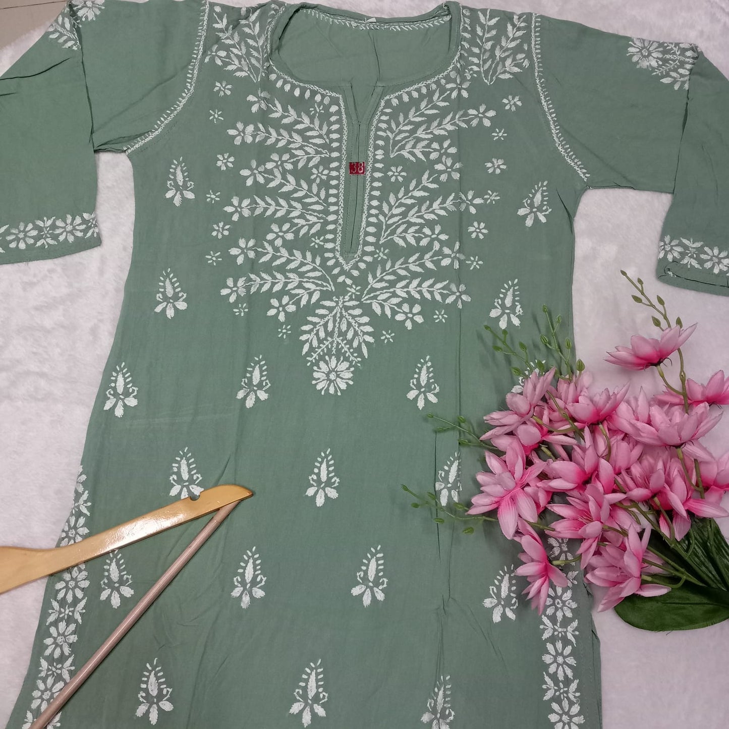 Soft Rayon Chikankari Ghaspatti Work Kurti -Pista Colour - Chikankaar