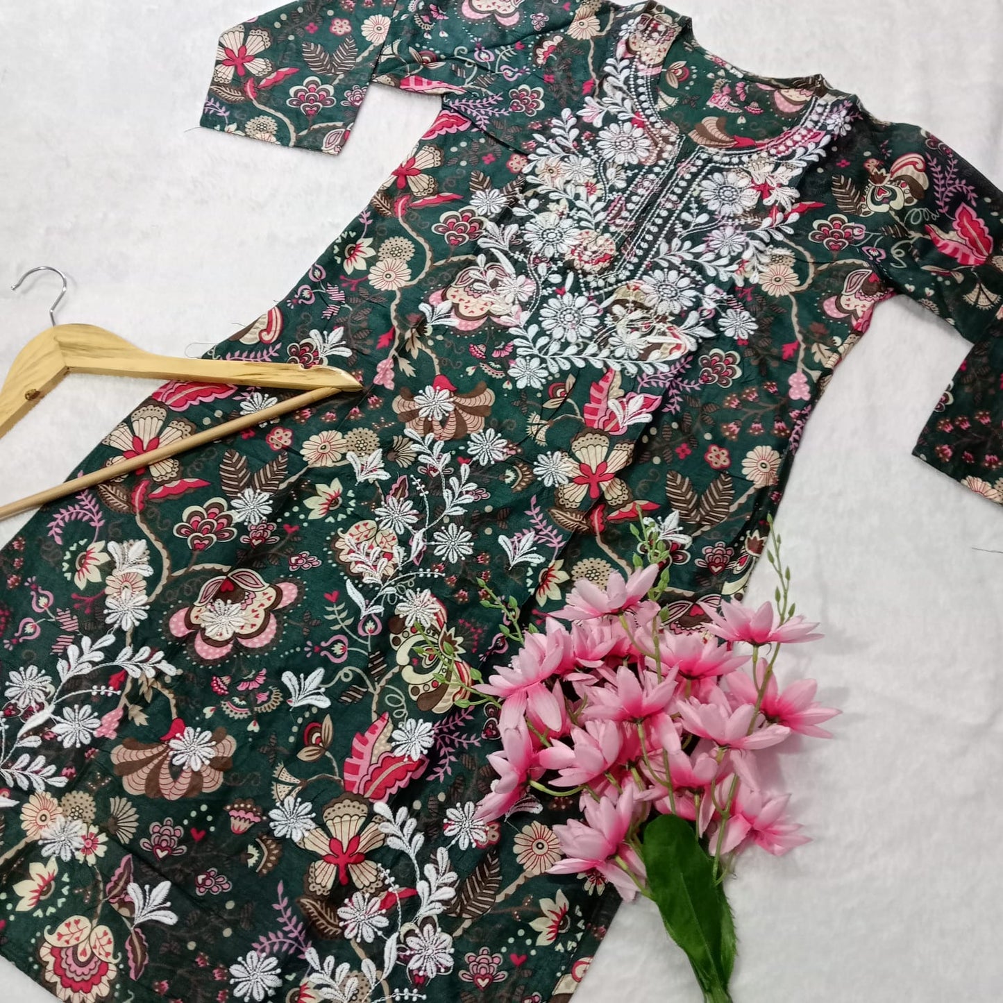 MULMUL COTTON CHIKANKARI MACHINE WORK KURTI -DARK GREEN COLOUR - Chikankaar
