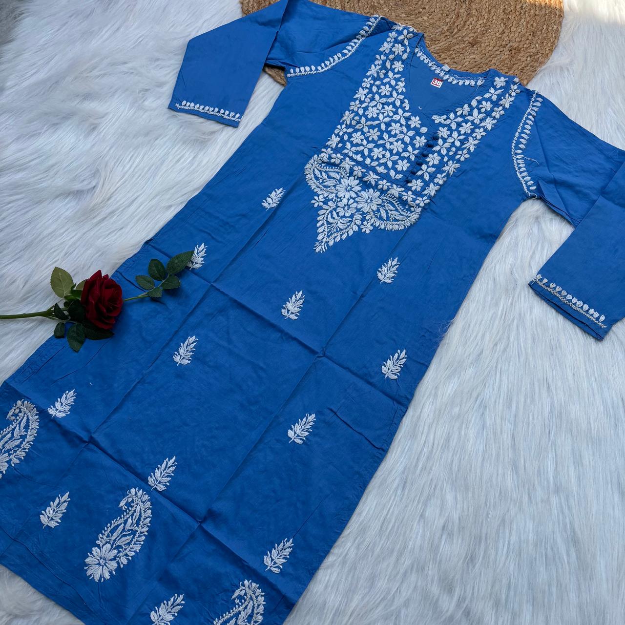Sabeena Pure Cotton Chikankari Kurti Blue Colour