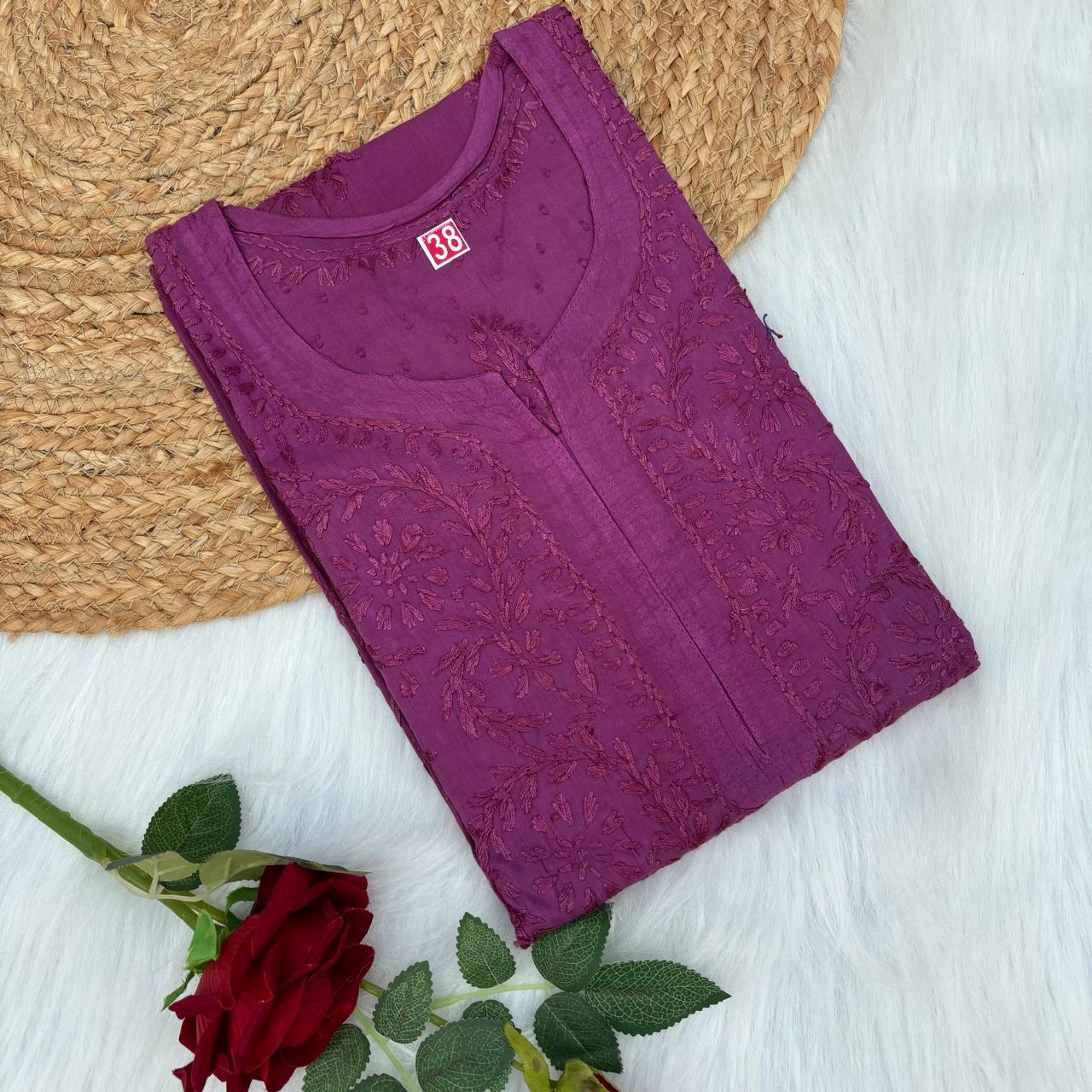 Tuba Ombre Shaded Dobby Cotton Chikankari Kurti - Wine Colour - Chikankaar