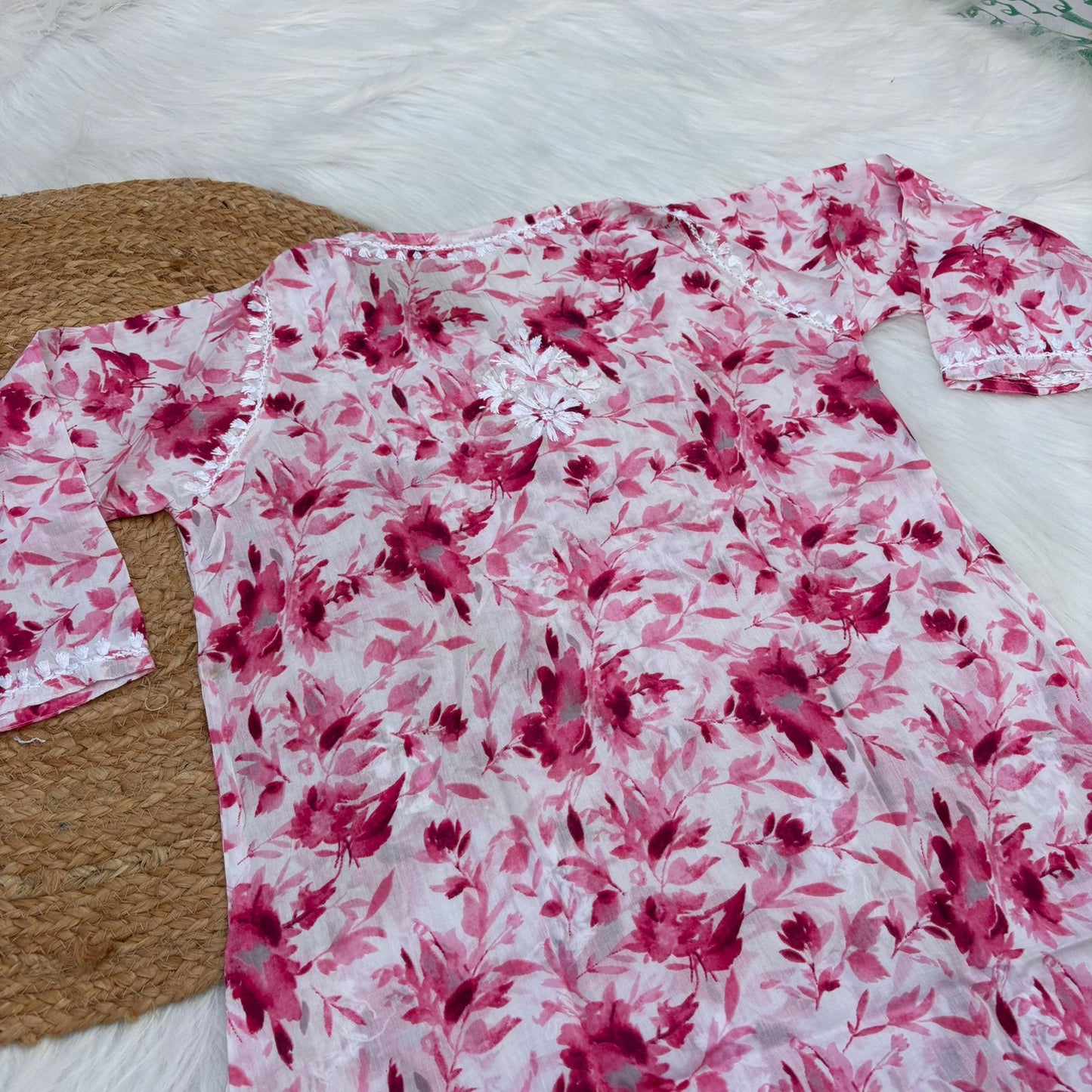Asma Pure Mulmul Cotton Short Kurti - Pink Colour - Chikankaar