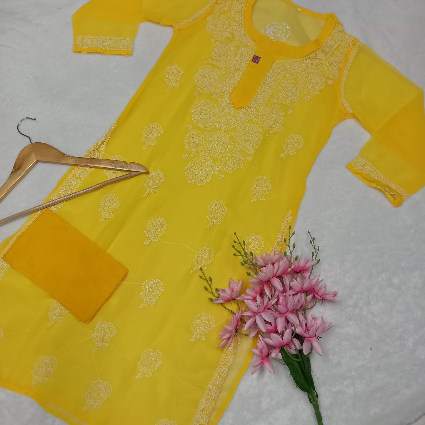 Georgette Chikankari Rose Work Kurti With Pure Cotton Inner -Yellow Colour - Chikankaar
