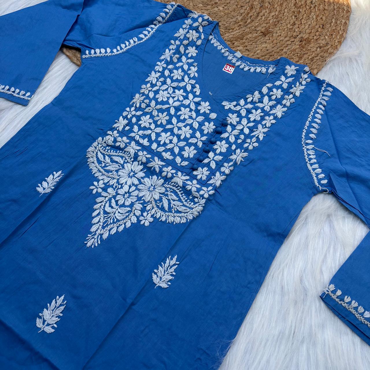 Sabeena Pure Cotton Chikankari Kurti Blue Colour