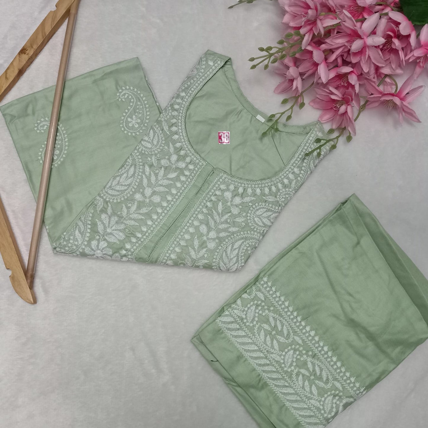Rayon Chikankari Machine Work Kurti Plazo Set- Pista Colour - Chikankaar
