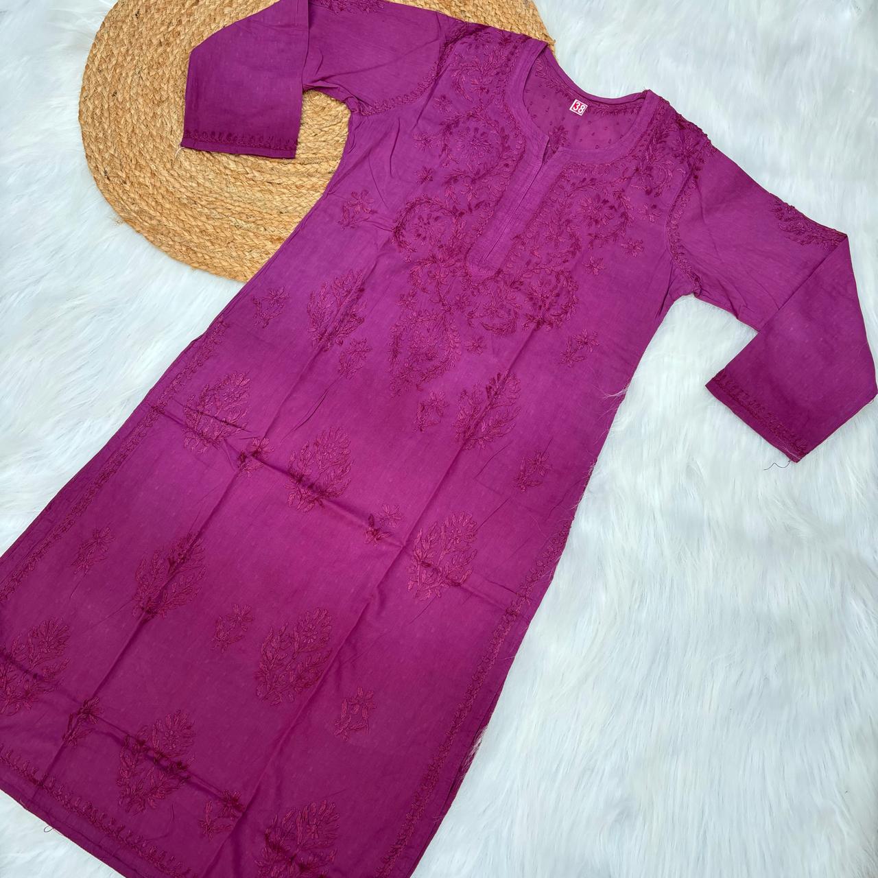 Tuba Ombre Shaded Dobby Cotton Chikankari Kurti - Wine Colour - Chikankaar