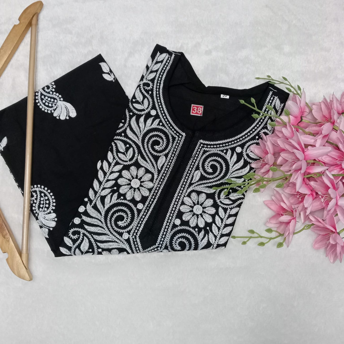 Cotton Machine Work Chikankari Kurti - Black Colour - Chikankaar