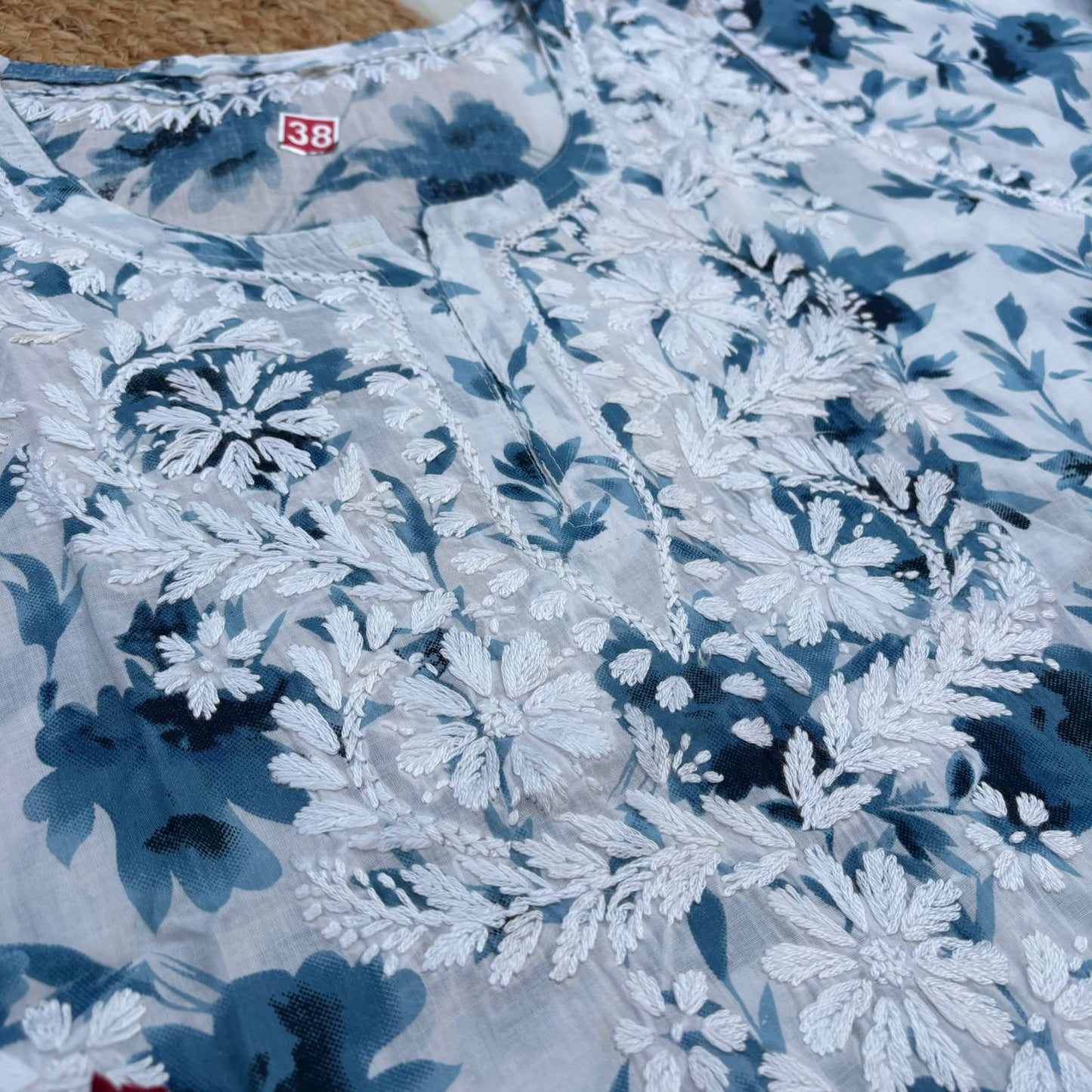Asma Pure Mulmul Cotton Short Kurti - Blue Colour - Chikankaar