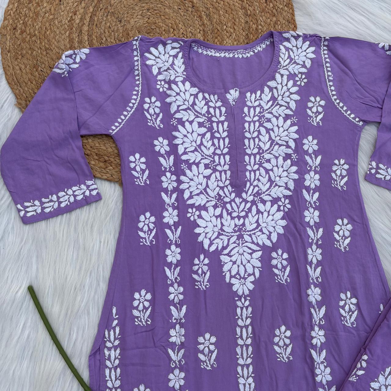 Samara Rayon Handwork Chikankari Kurti Plazo Set - Purple Colour
