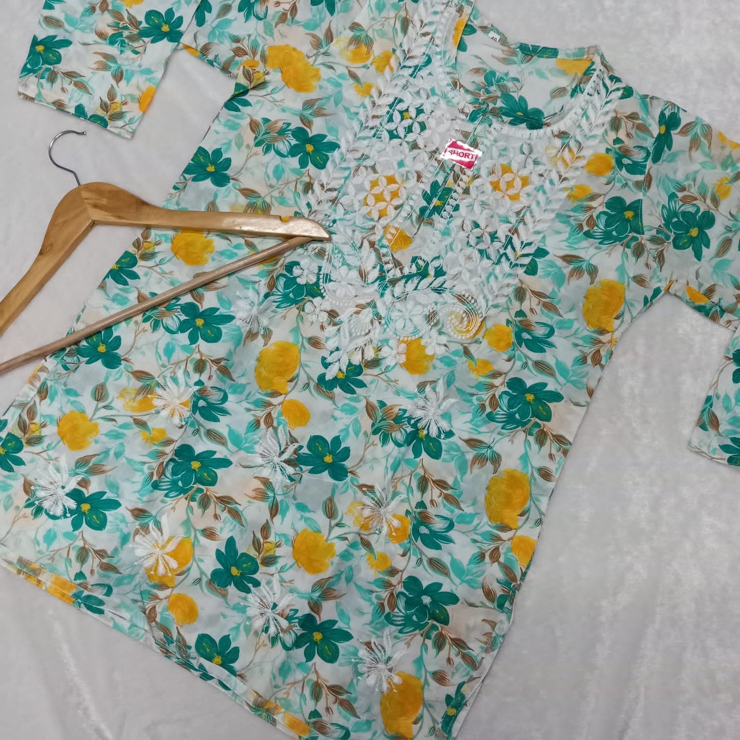 Mulmul Cotton Chikankari Short Kurti - Sea Green Colour
