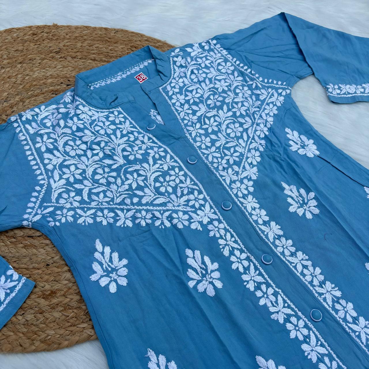 Rihana Rayon Chikankari Short Kurti Plazo Coord Set - Sky Blue colour - Chikankaar