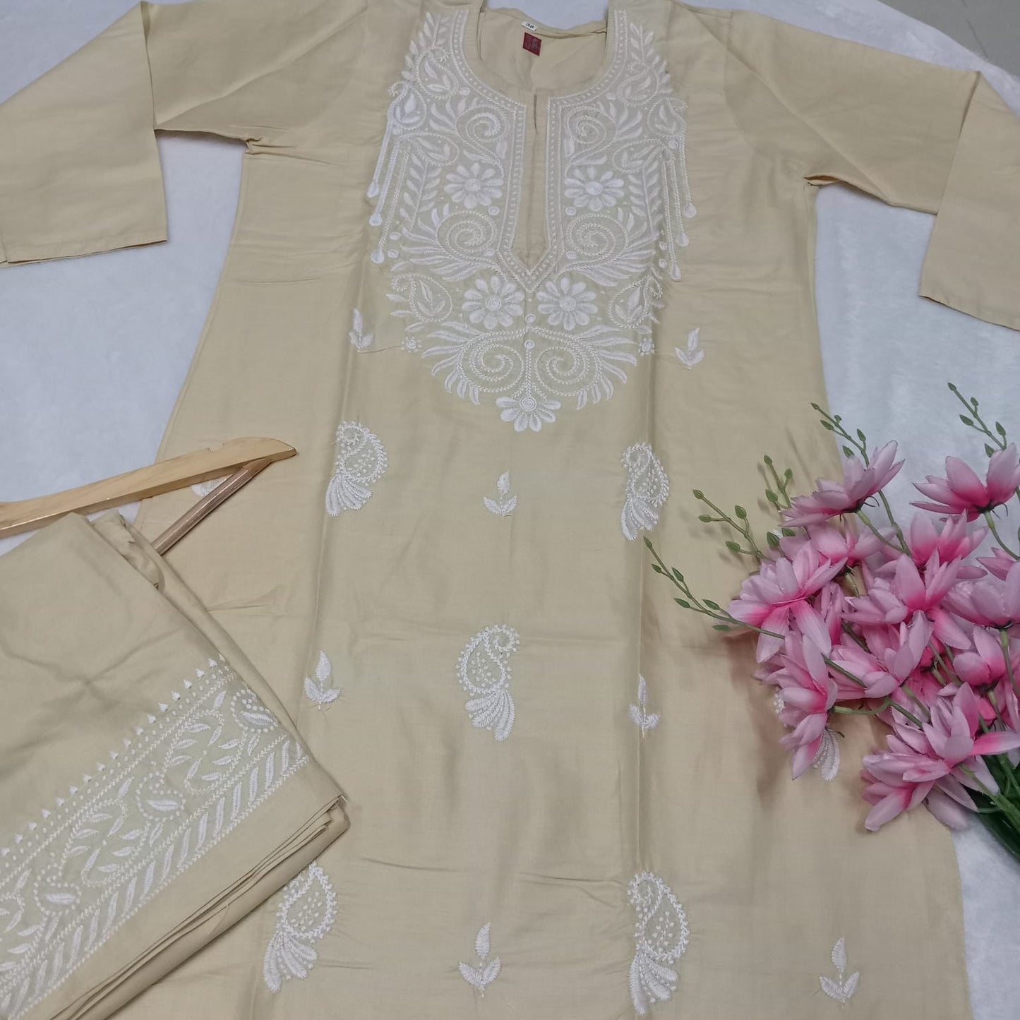 Rayon Chikankari Machine Work Kurti Plazo Set- Skin Colour - Chikankaar