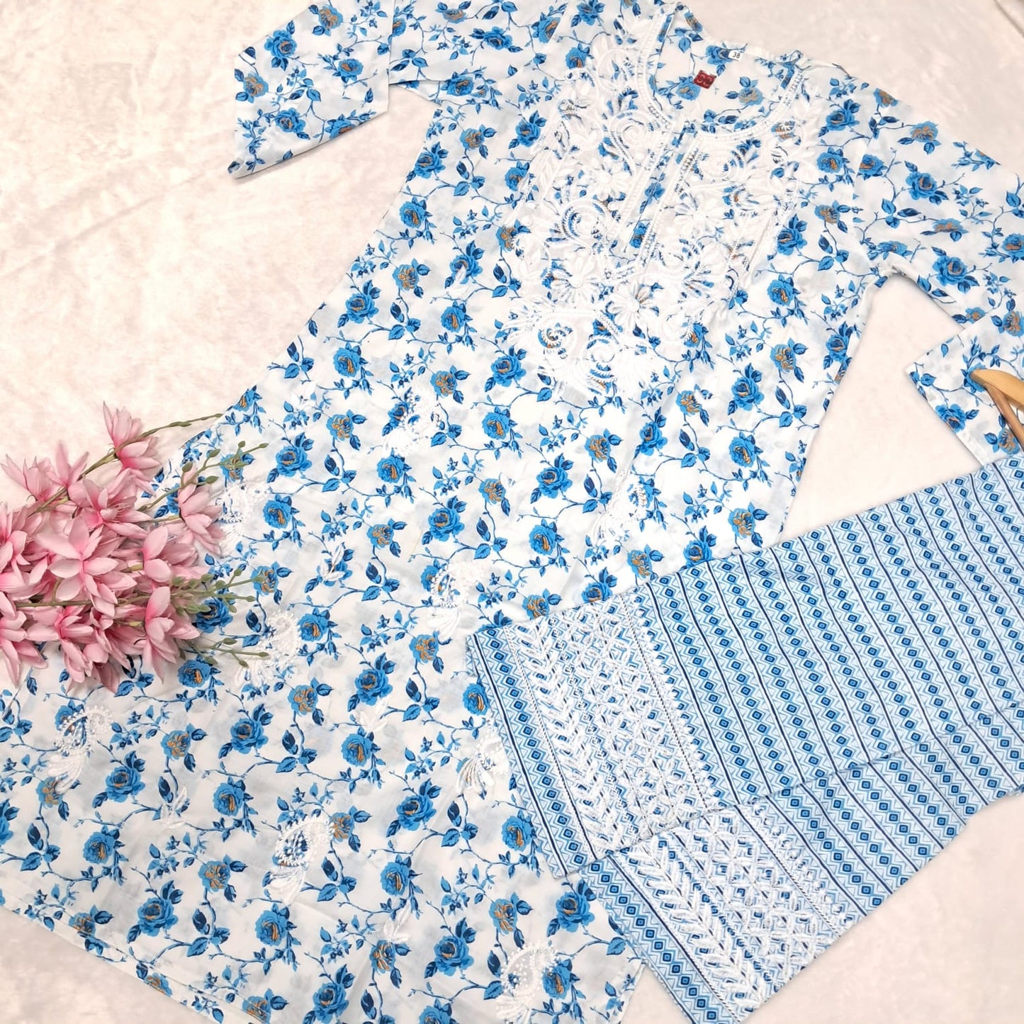 Printed Cotton Chikankari Machine Work Kurti Plazo Set - Sky Blue Colour - Chikankaar