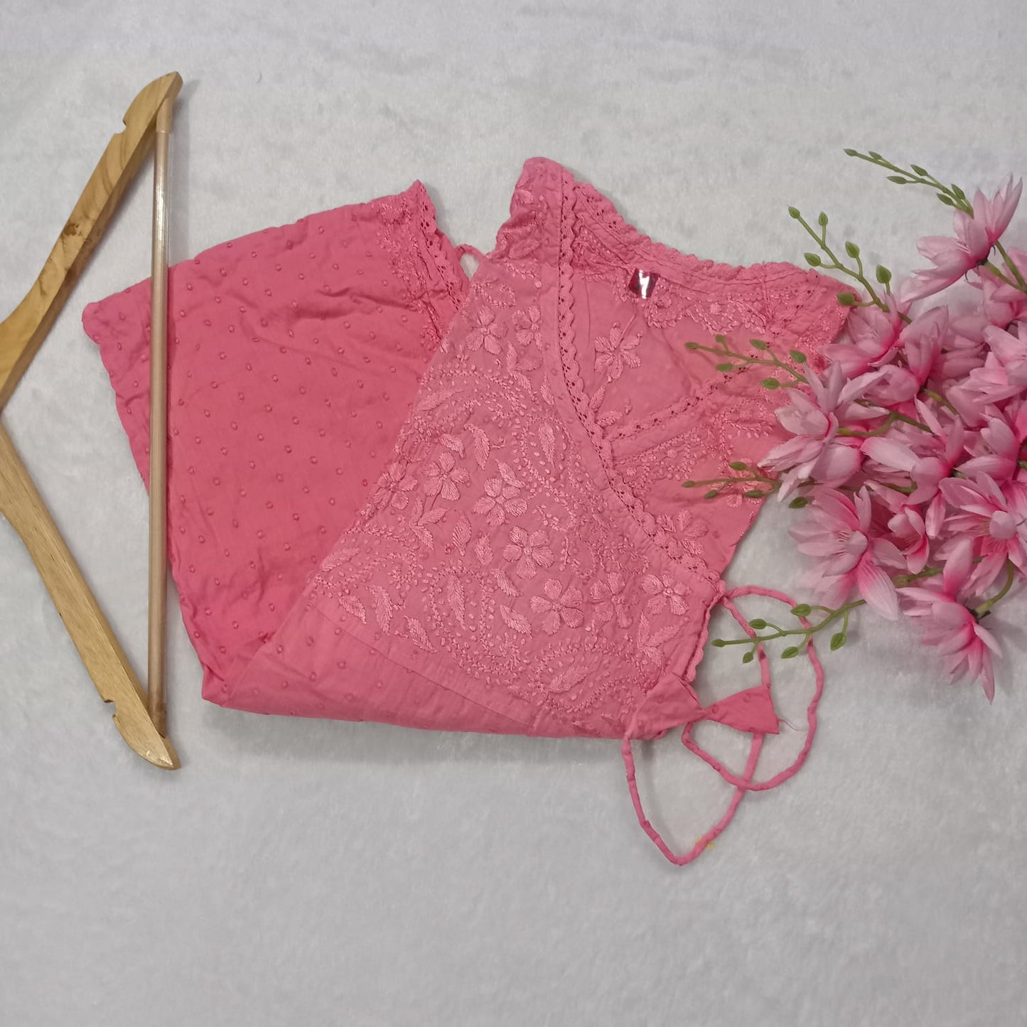 Ombre Shaded Dobby Cotton Chikankari Angarakha -Peach Colour - Chikankaar