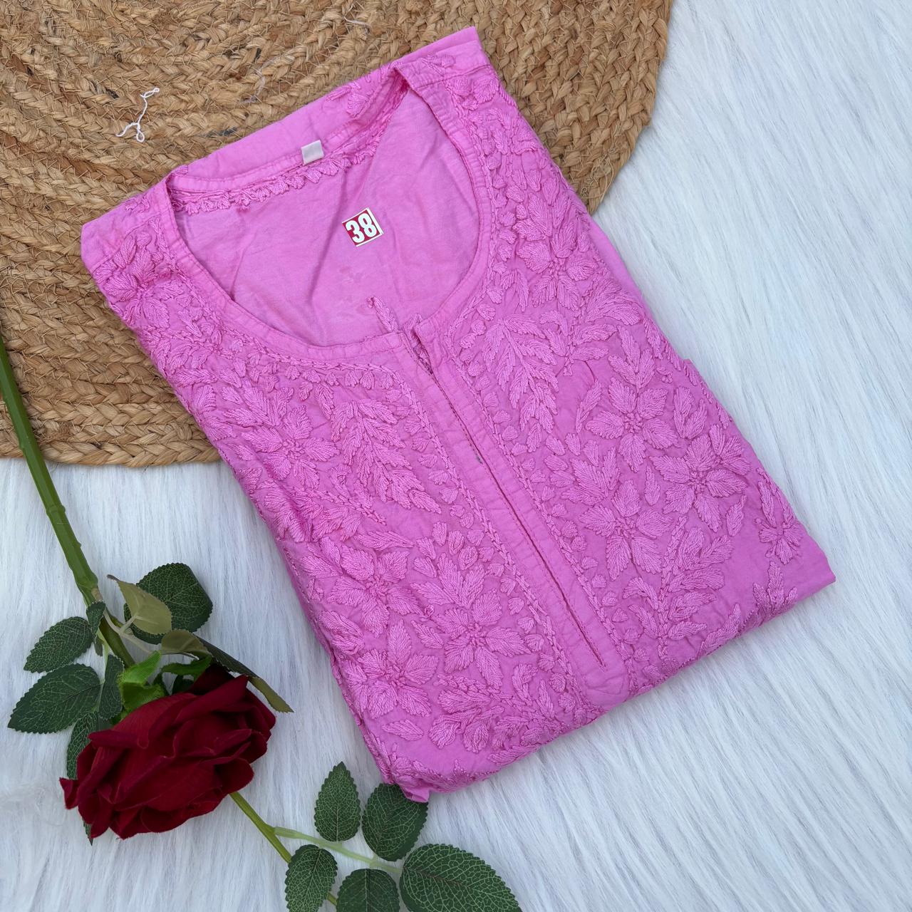 Zooni Chanderi Lucknowi Chikankari Dyed Kurti - Baby Pink