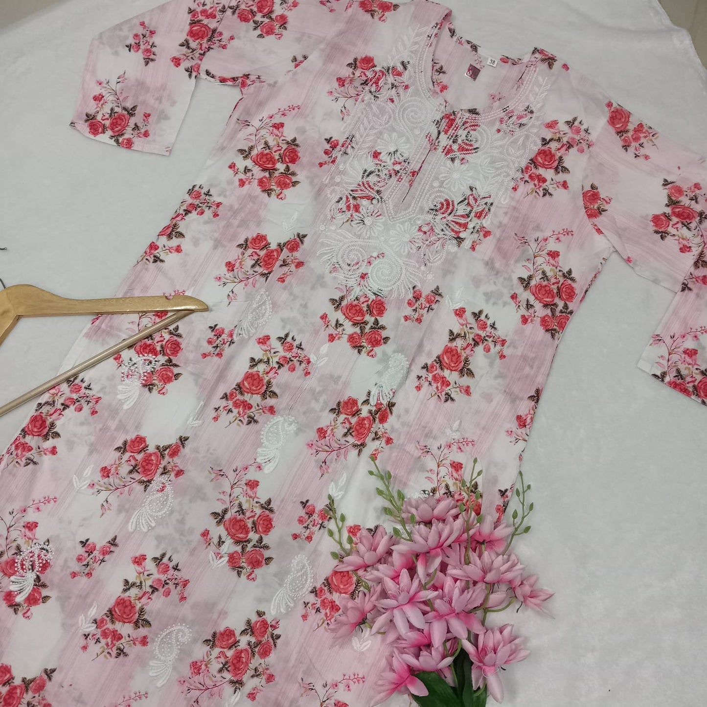 Mulmul Cotton Chikankari Machine Work Kurti -Red Colour - Chikankaar