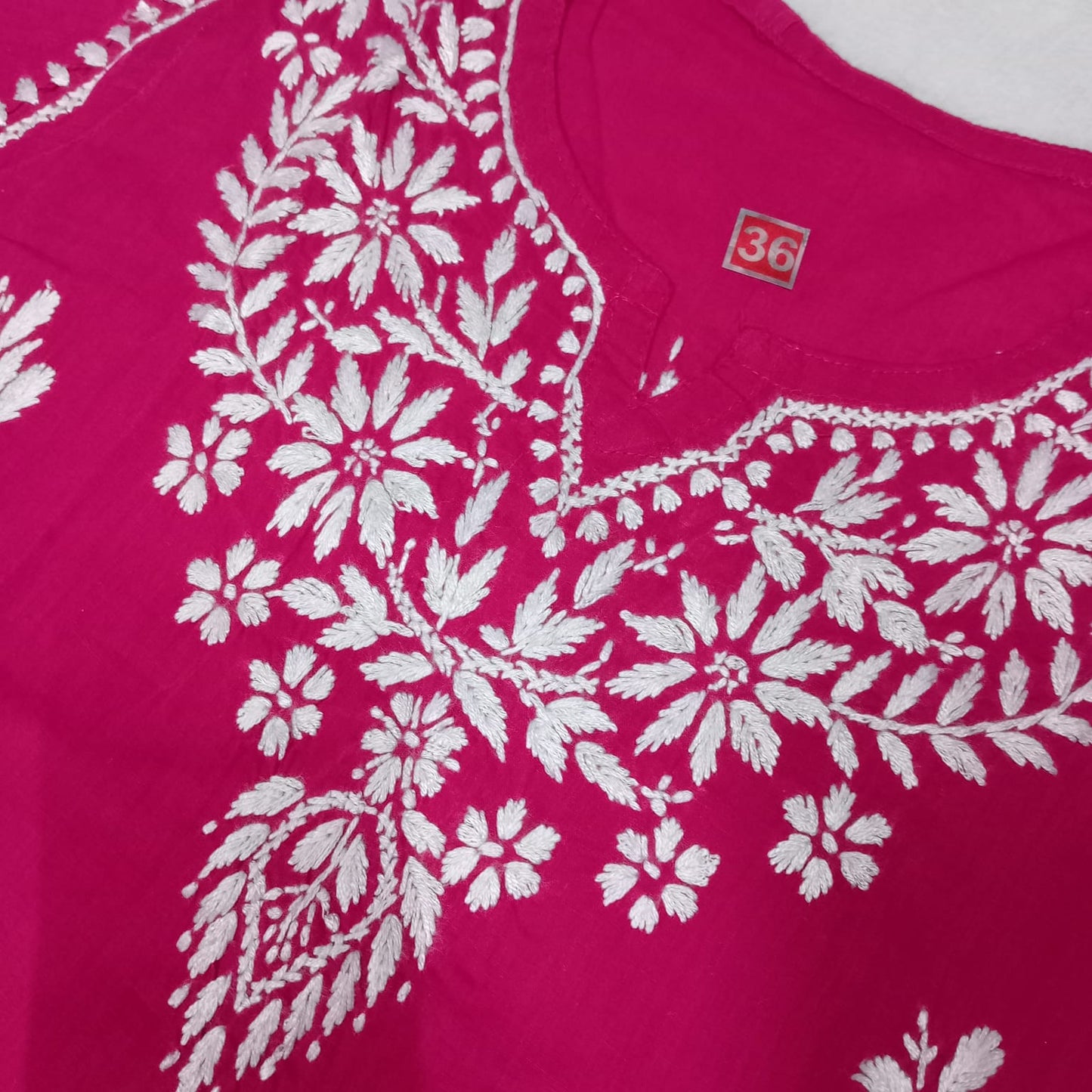 COTTON CHIKANKARI HANDWORK SHORT KURTI -RANI COLOUR - Chikankaar