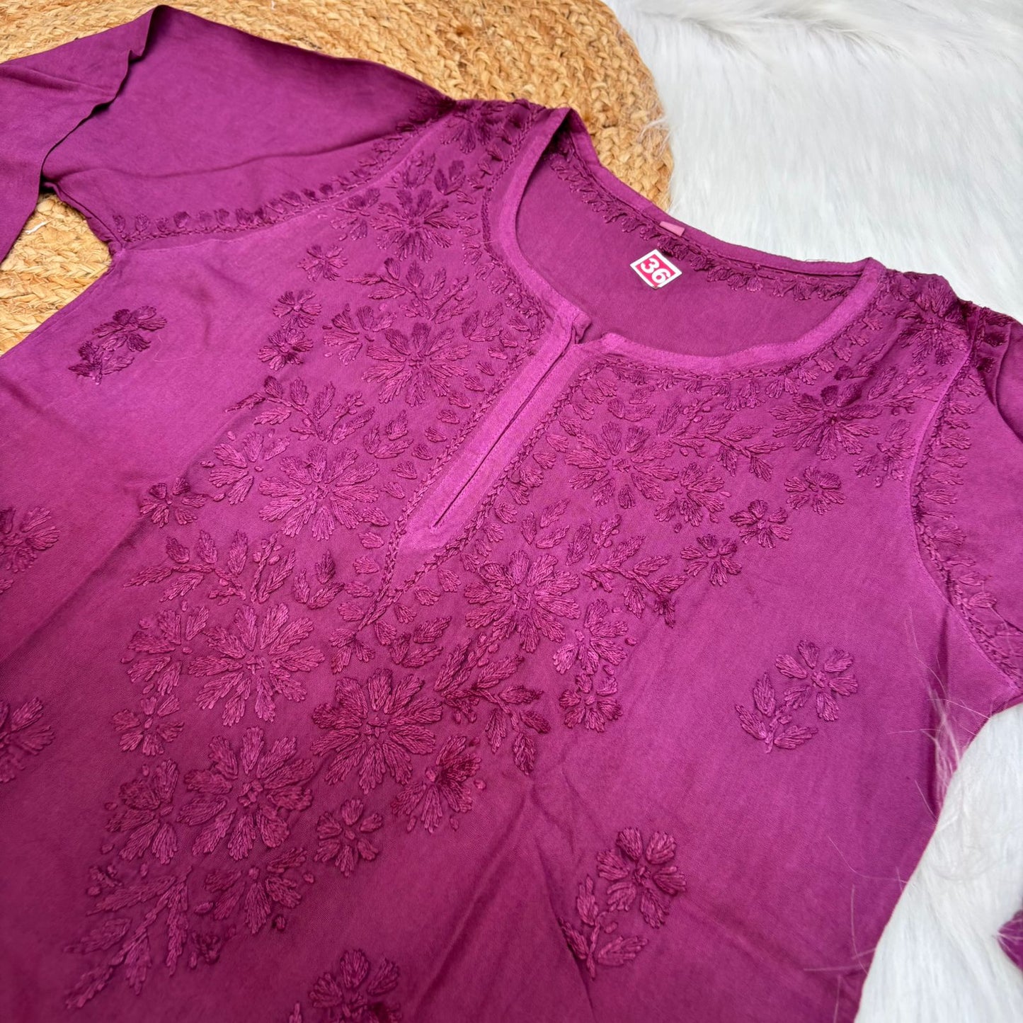 Sofia Ombre Shaded Soft Rayon Chikankari Short Kurti -Wine Colour - Chikankaar