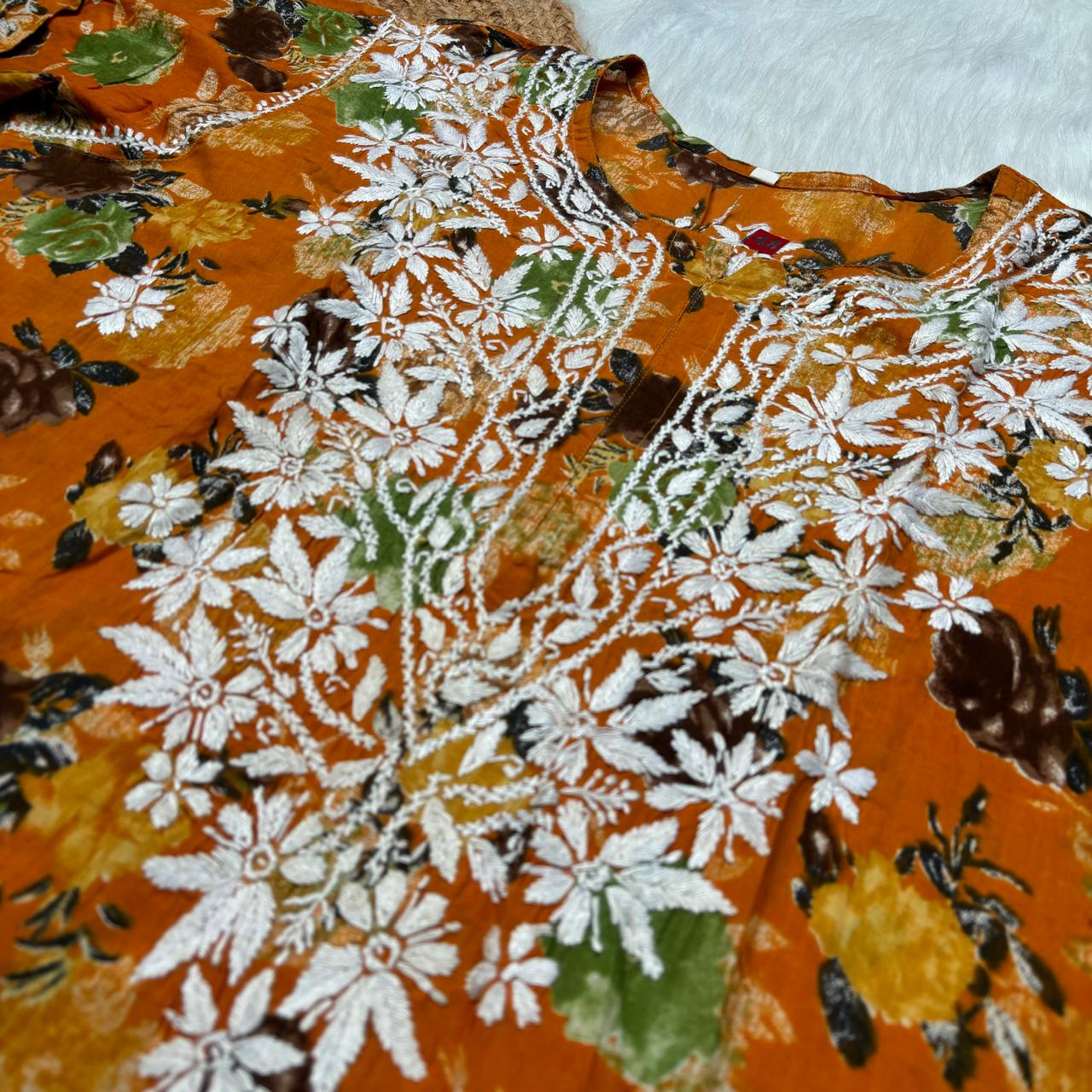 Plus size special-Dhanashree Inspired Mulmul Floral Printed Chikankari Handwork Kurti- Mustard Colour - Chikankaar