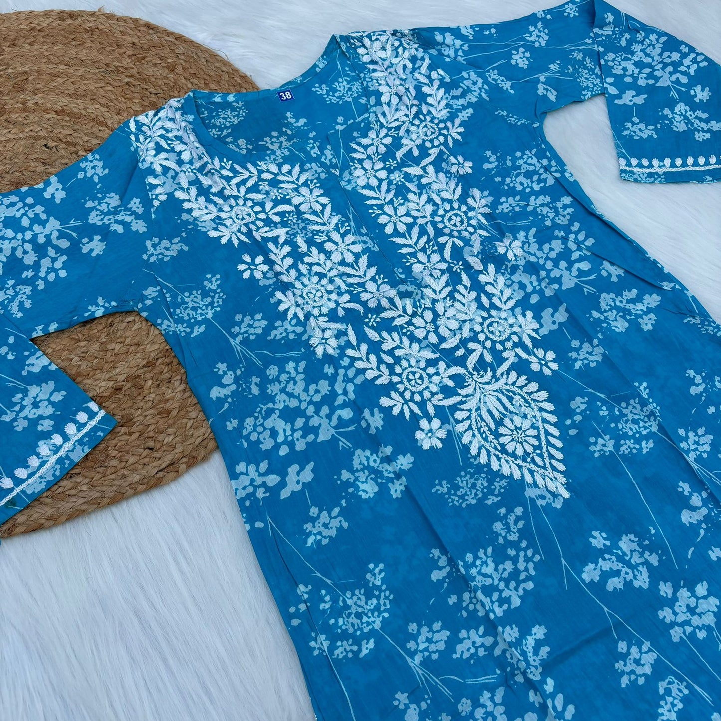 Mahira Sharma Inspired Pure Mulmul Printed Chikankari Handwork Kurti - Blue Colour - Chikankaar