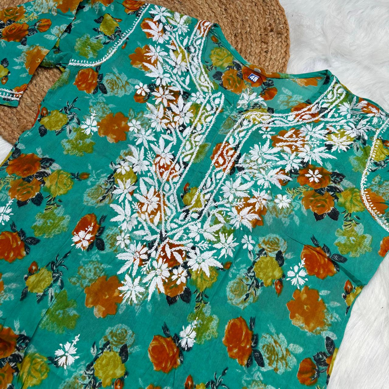 Plus size special-Dhanashree Inspired Mulmul Floral Printed Chikankari Handwork Kurti -Sea Green Colour - Chikankaar