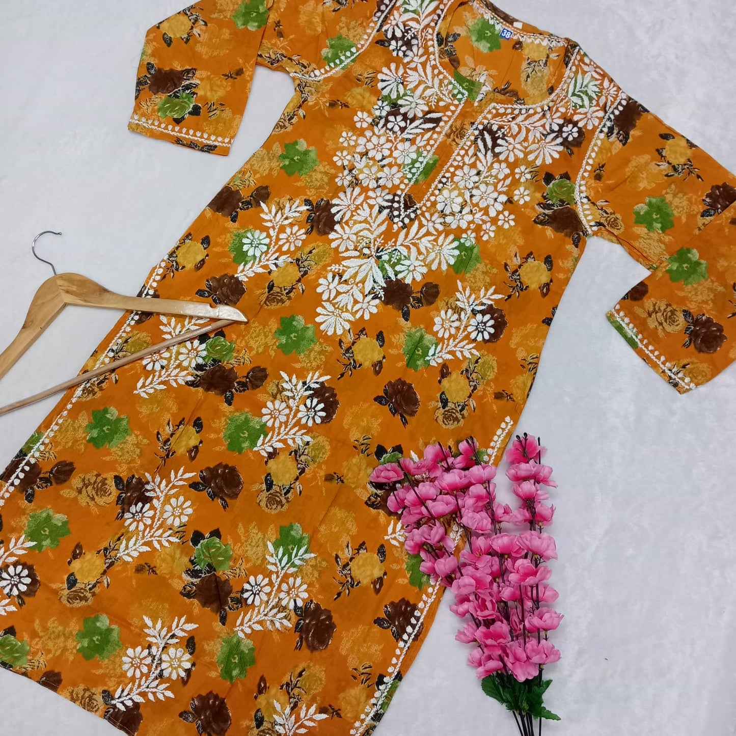 Dhanashree Inspired Mulmul Floral Printed Chikankari Handwork Kurti - Mustard Colour - Chikankaar